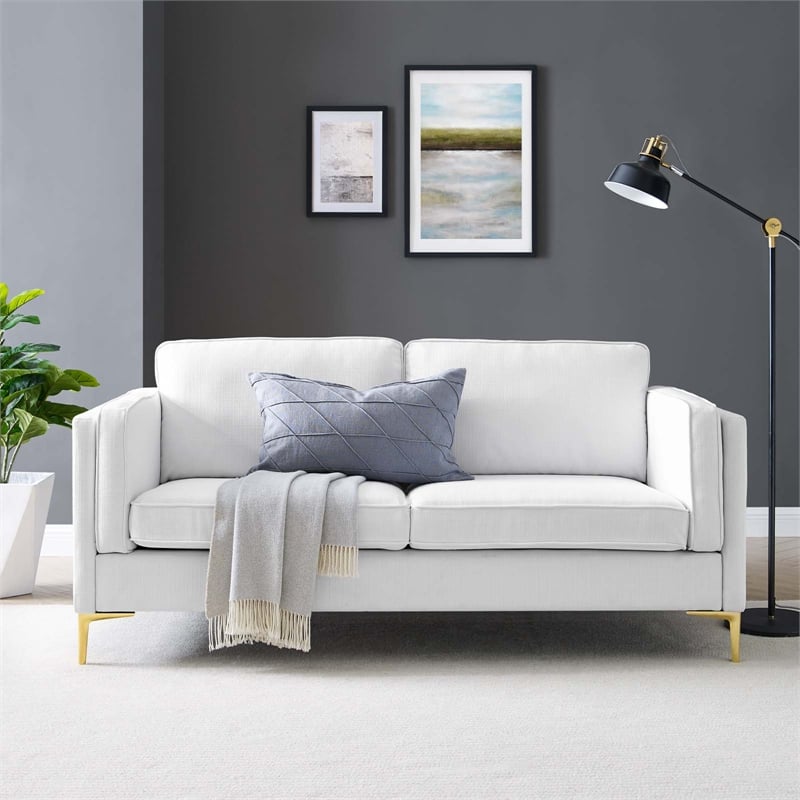 Modway Kaiya Modern Polyester Fabric Sofa with Gold Metal Leg in White