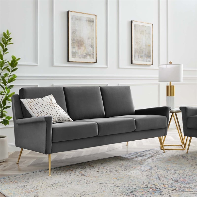 Modway Chesapeake Modern Performance Velvet Sofa in Gold and Gray