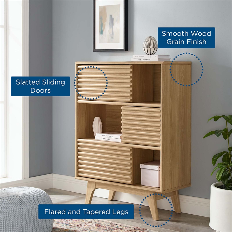 Modway Render Modern Wood Three-Tier Display Storage Cabinet Stand in Oak