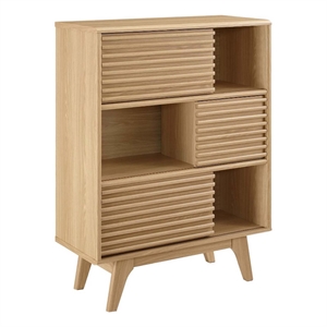 modway render modern wood three-tier display storage cabinet stand in oak