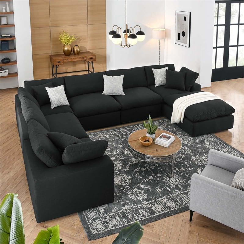 Modway Commix 7-Piece Fabric Down Filled Sectional Sofa in Black