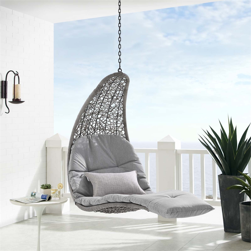 Modway Landscape Rattan Patio Hanging Chaise Lounge Swing Chair in Light Gray