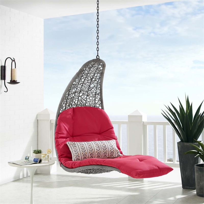 Modway Landscape Rattan Patio Hanging Chaise Lounge Swing Chair in Gray/Red