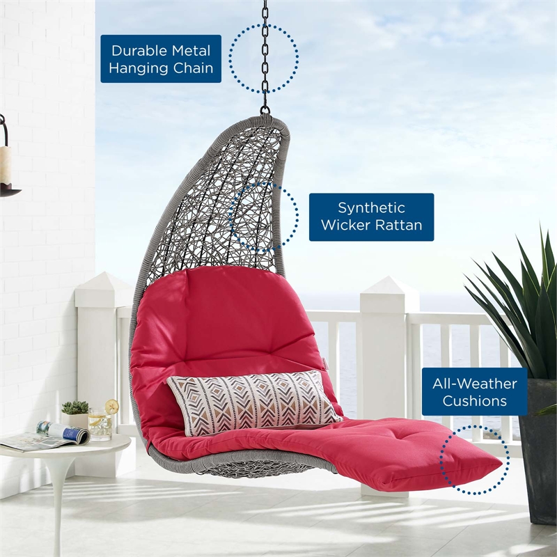 Modway Landscape Rattan Patio Hanging Chaise Lounge Swing Chair in Gray/Red