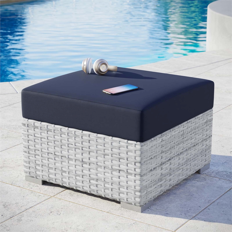 Modway Convene Rattan and Fabric Patio Ottoman in Light Gray/Navy