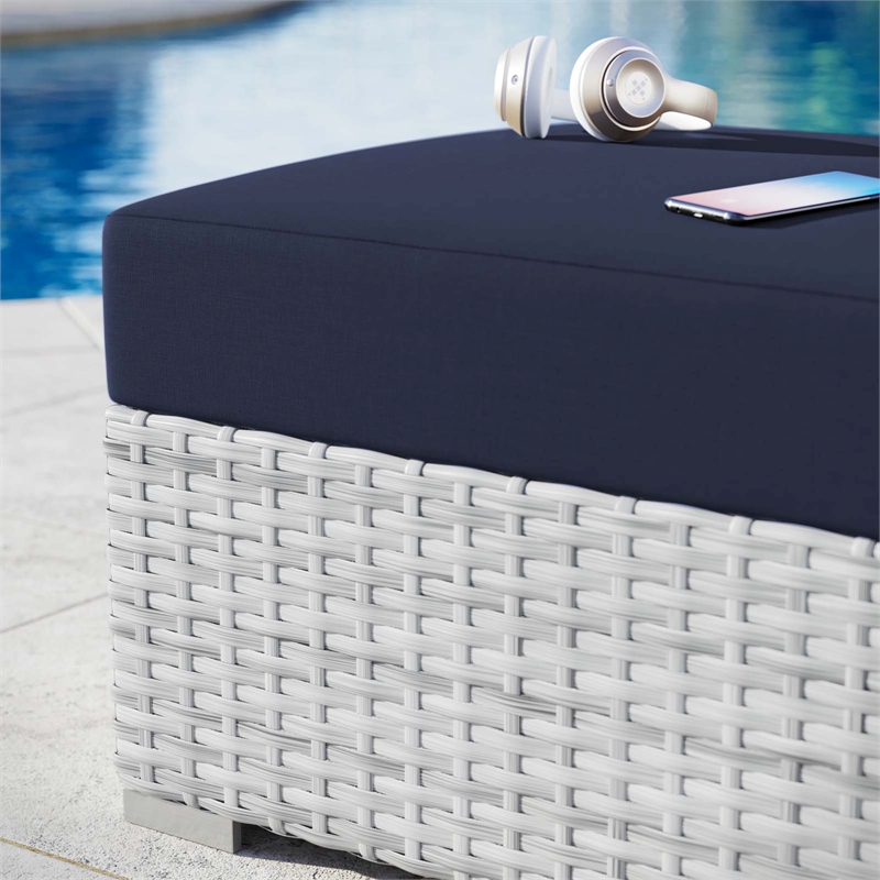 Modway Convene Rattan and Fabric Patio Ottoman in Light Gray/Navy