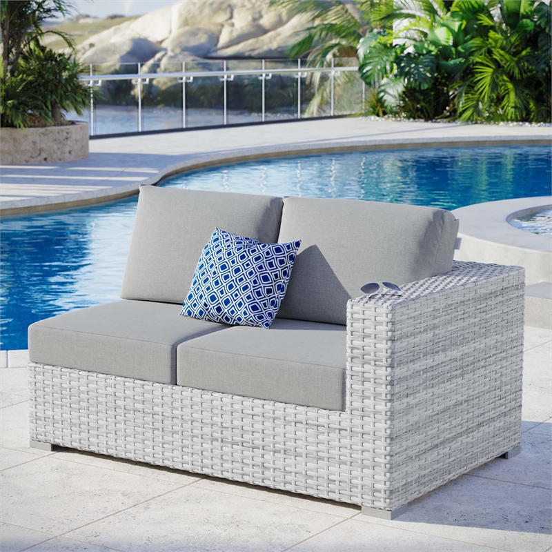 Modway Convene Fabric & Rattan Patio Right-Arm Loveseat in Light Gray