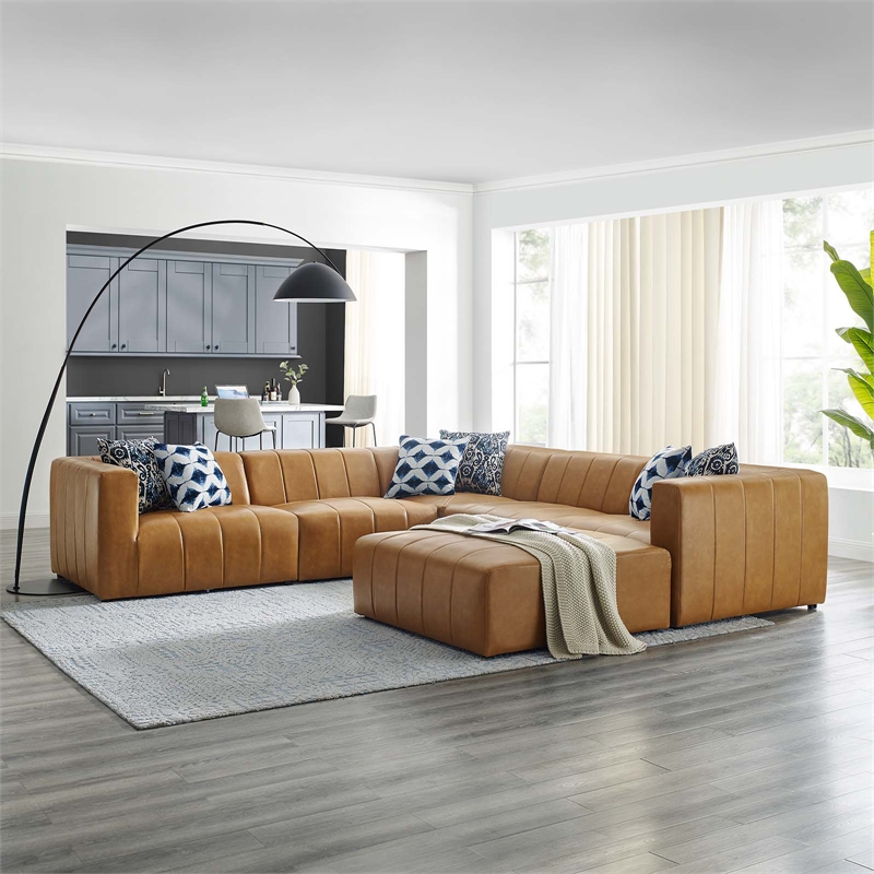 Modway Bartlett 6-Piece Faux Leather Upholstered Sectional Sofa in Tan