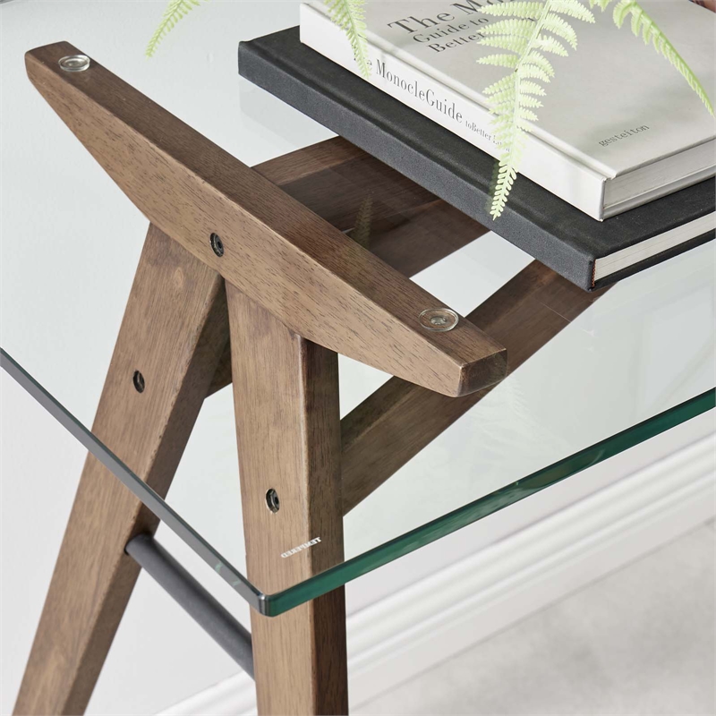 Modway Steadfast Wood and Glass Office Desk with Glass Top in Walnut