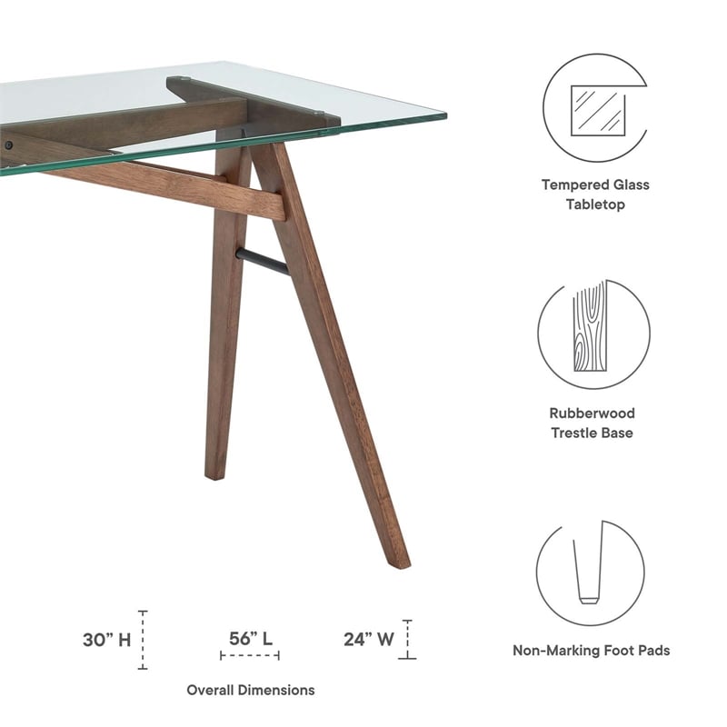 Modway Steadfast Wood and Glass Office Desk with Glass Top in Walnut