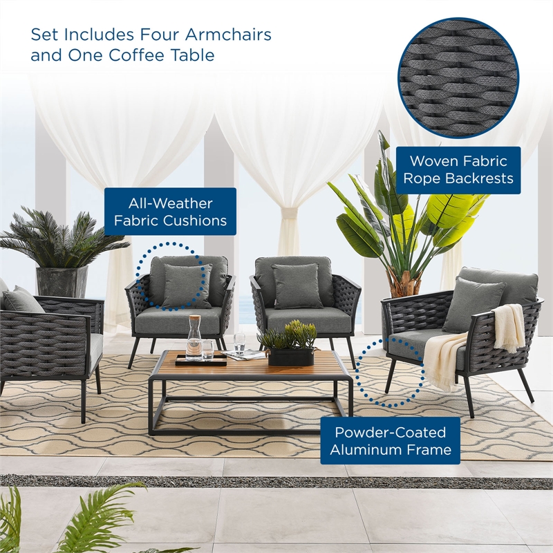 Modway Stance 5-Piece Aluminum & Fabric Patio Sofa Set in Gray/Charcoal