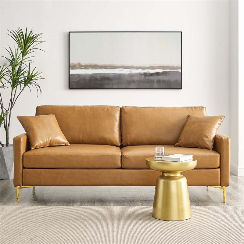 Modway Juliana Modern Faux Leather Upholstered Sofa in Tan & Gold