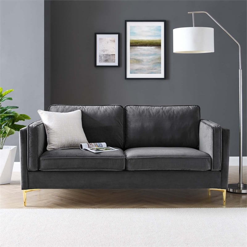Modway Kaiya Performance Velvet Sofa with Metal Leg in Charcoal
