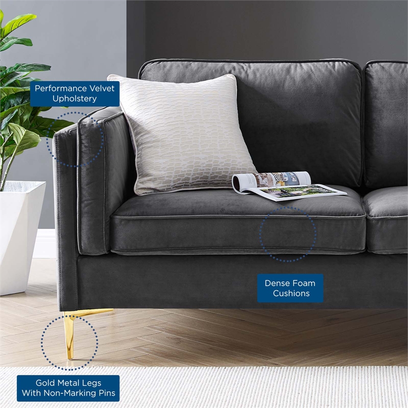 Modway Kaiya Performance Velvet Sofa with Metal Leg in Charcoal