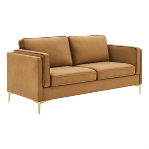 Modway Kaiya Performance Velvet Sofa with Metal Leg in Cognac Brown