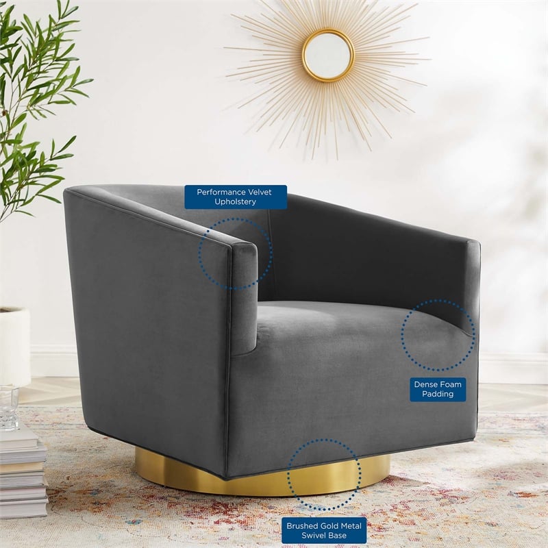 Modway Twist Performance Velvet Swivel Chair in Gold & Charcoal