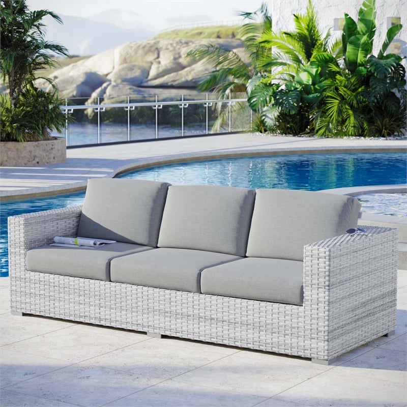 Modway Convene Fabric & Rattan Patio Sofa in Light Gray & Gray