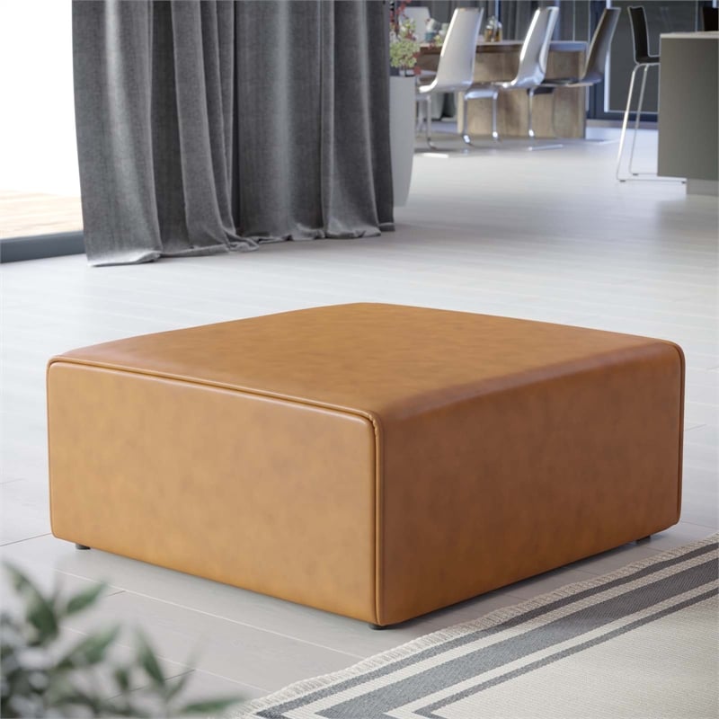 Modway Mingle Modern Faux Leather Upholstered Ottoman in Tan