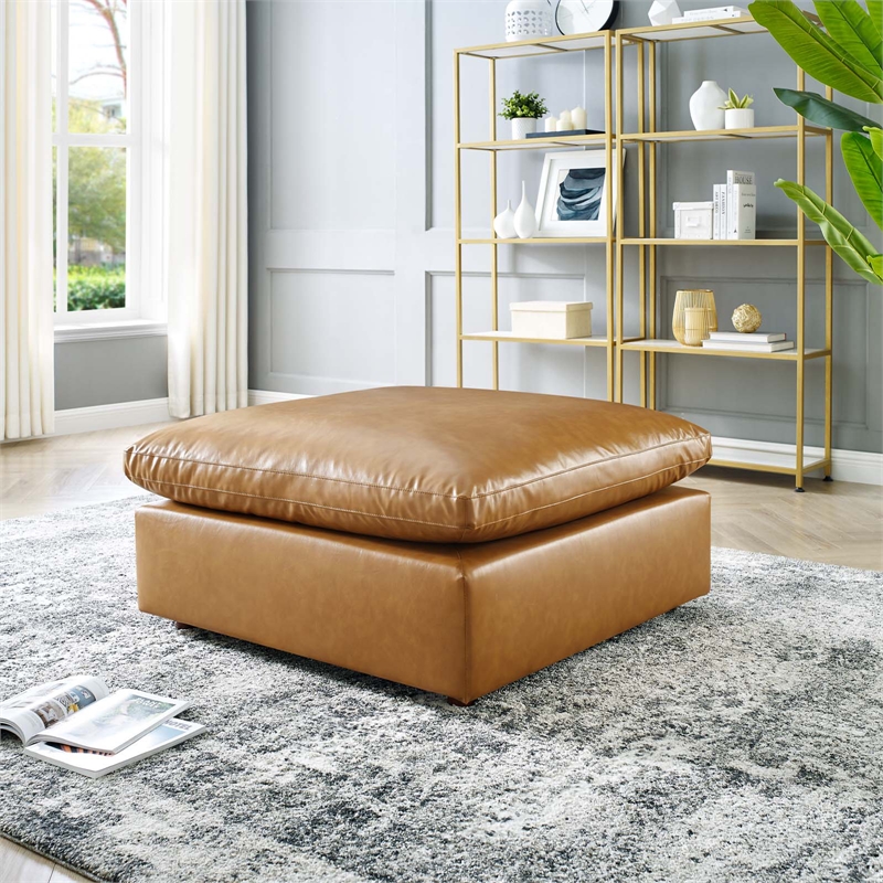 Modway Commix Down Filled Overstuffed Faux Leather Ottoman in Tan