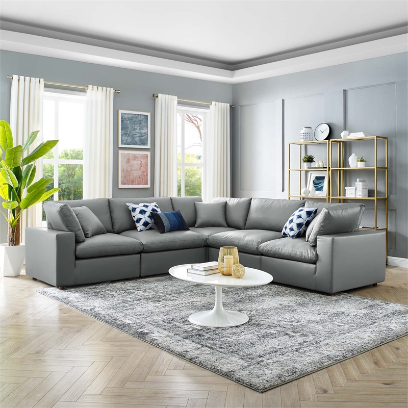 Modway Commix 5-Piece Modern Faux Leather Sectional Sofa in Gray Finish