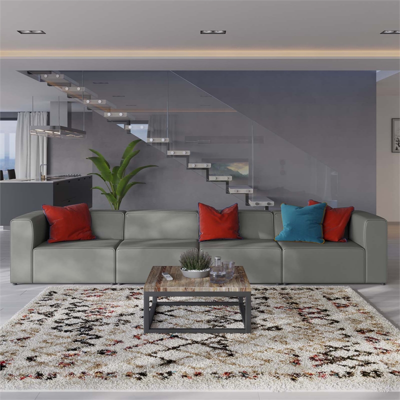 Modway Mingle 4-Piece Modern Faux Leather Sectional Sofa in Gray