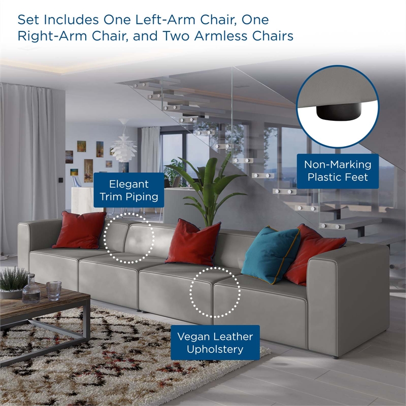 Modway Mingle 4-Piece Modern Faux Leather Sectional Sofa in Gray