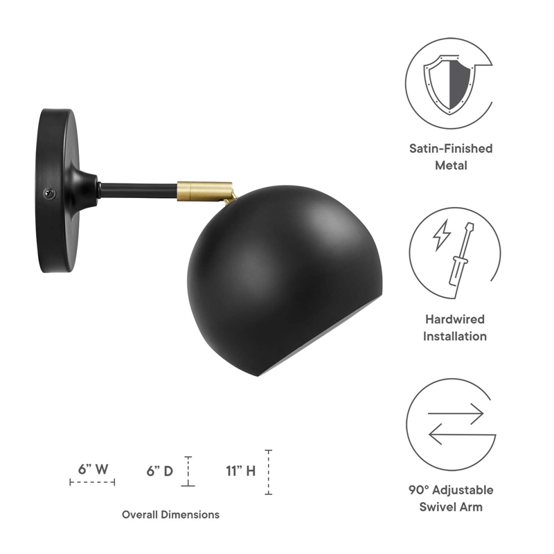 Modway Chalice 1-Light Modern Metal Swing-Arm Wall Sconce in Black/Gold