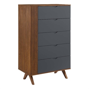 modway dylan 5-drawer contemporary mdf and rubberwood chest in walnut/gray