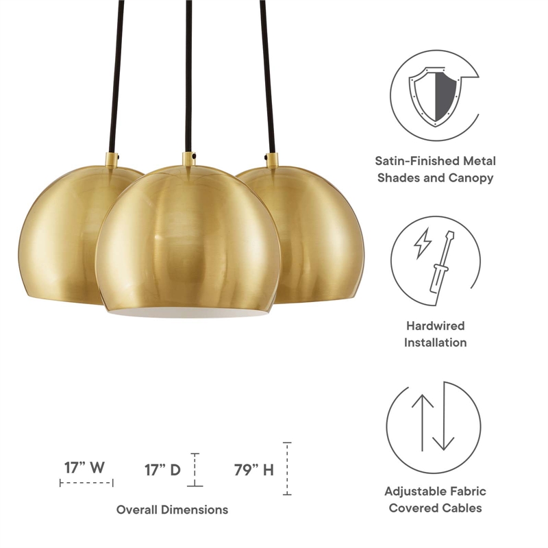 Modway Chalice 3 Lights Modern Metal/Fabric Pendant in Satin Brass