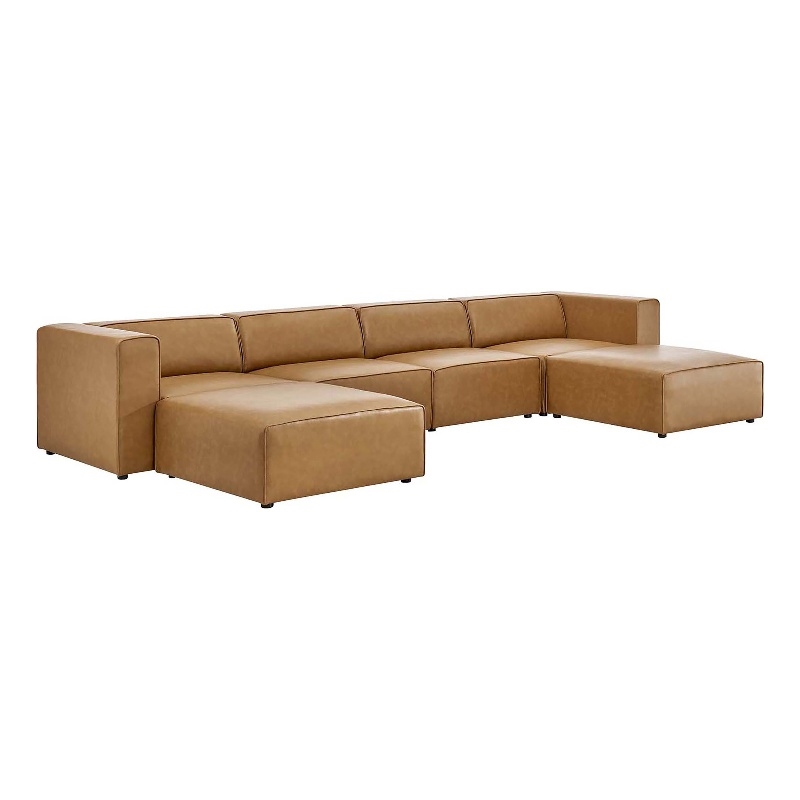 Modway Mingle Modern Faux Leather Sofa Set with 2 Ottomans in Tan