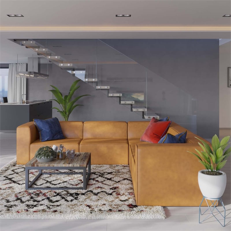 Modway Mingle 5-Piece Modern Faux Leather Sectional Sofa in Tan