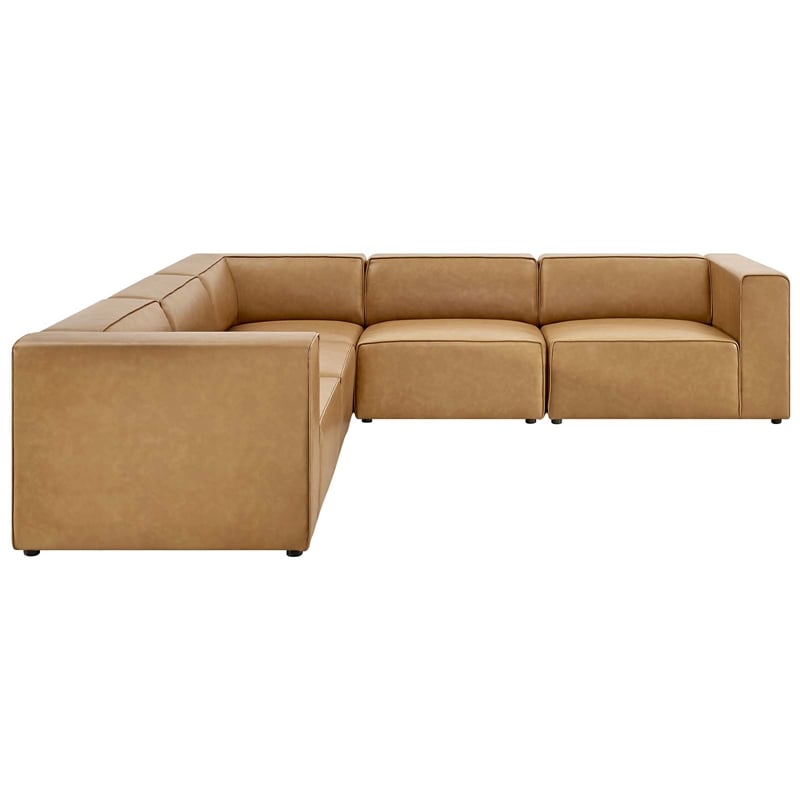 Modway Mingle 5-Piece Modern Faux Leather Sectional Sofa in Tan