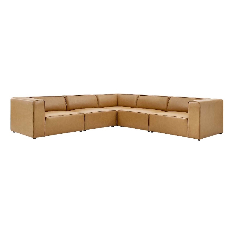Modway Mingle 5-Piece Modern Faux Leather Sectional Sofa in Tan