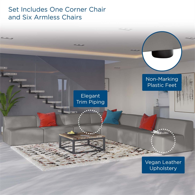 Modway Mingle 7-Piece Modern Faux Leather Sectional Sofa in Gray