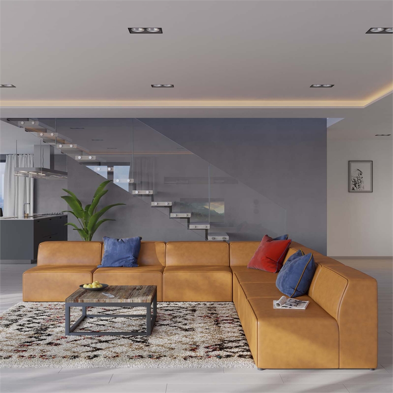 Modway Mingle 7-Piece Modern Faux Leather Sectional Sofa in Tan Finish