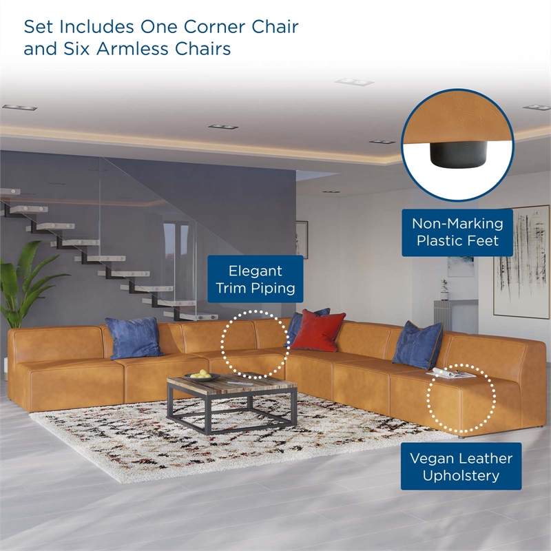 Modway Mingle 7-Piece Modern Faux Leather Sectional Sofa in Tan Finish