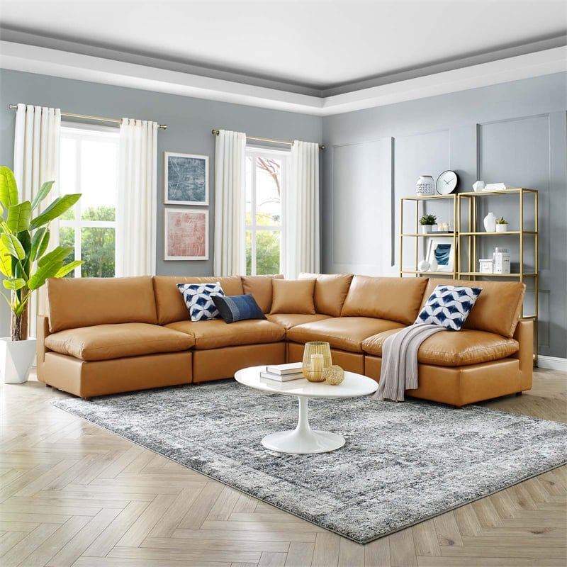 Modway Commix 5-Piece Modern Faux Leather Sectional Sofa in Tan