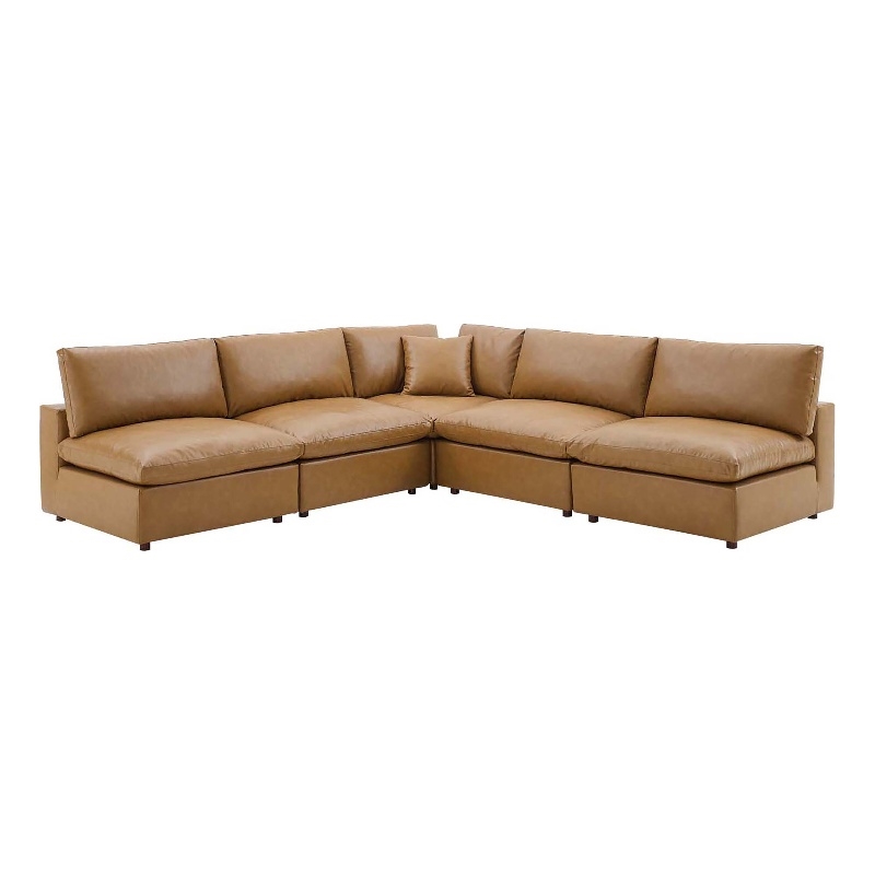 Modway Commix 5-Piece Modern Faux Leather Sectional Sofa in Tan
