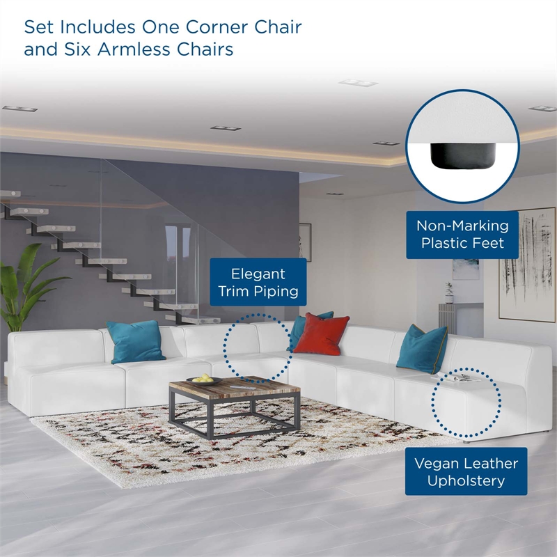Modway Mingle 7-Piece Modern Faux Leather Sectional Sofa in White Finish