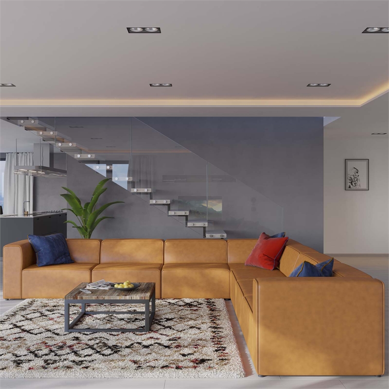 Modway Mingle 7-Piece Modern Faux Leather Sectional Sofa in Tan