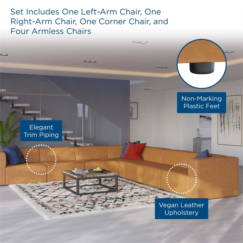Modway Mingle 7-Piece Modern Faux Leather Sectional Sofa in Tan