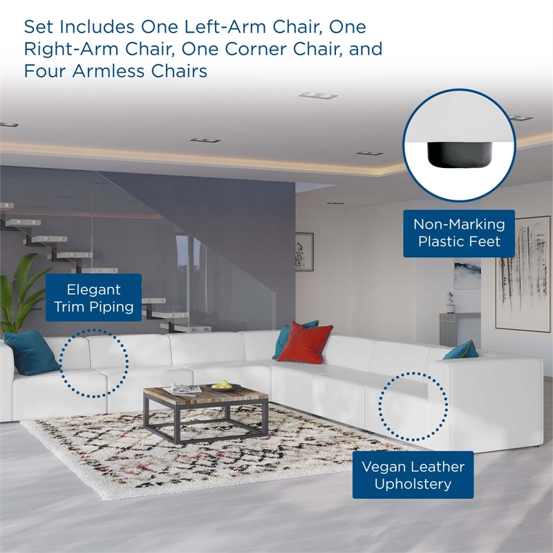 Modway Mingle 7-Piece Modern Faux Leather Sectional Sofa in White