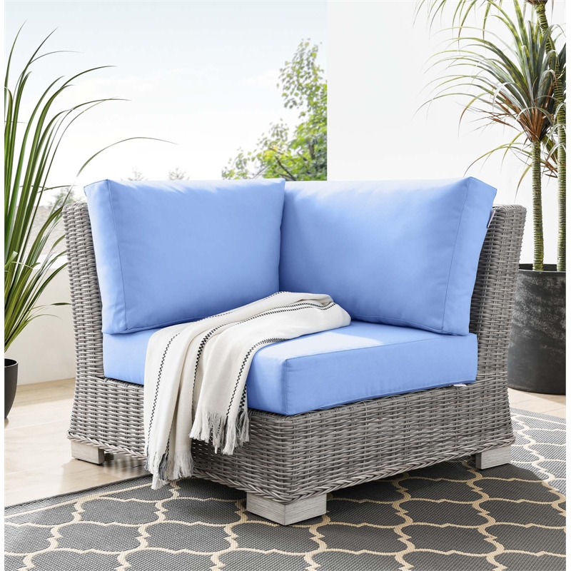 Modway Conway Wicker / Rattan Patio Corner Chair in Light Gray/Light Blue