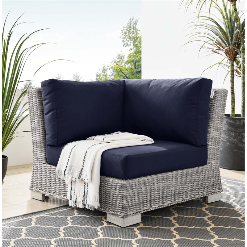 Modway Conway Wicker / Rattan Patio Corner Chair in Light Gray/Navy