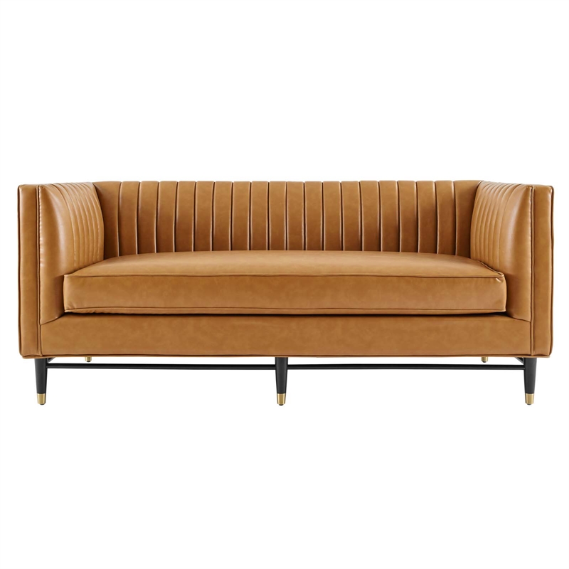 Modway Devote Channel Tufted Faux Leather Loveseat in Tan/Black