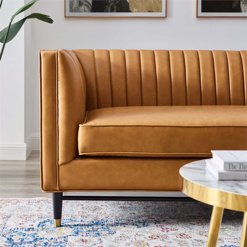 Modway Devote Channel Tufted Faux Leather Loveseat in Tan/Black