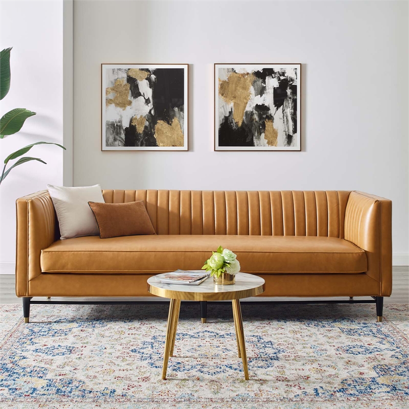 Modway Devote Modern Channel Tufted Faux Leather Sofa in Tan