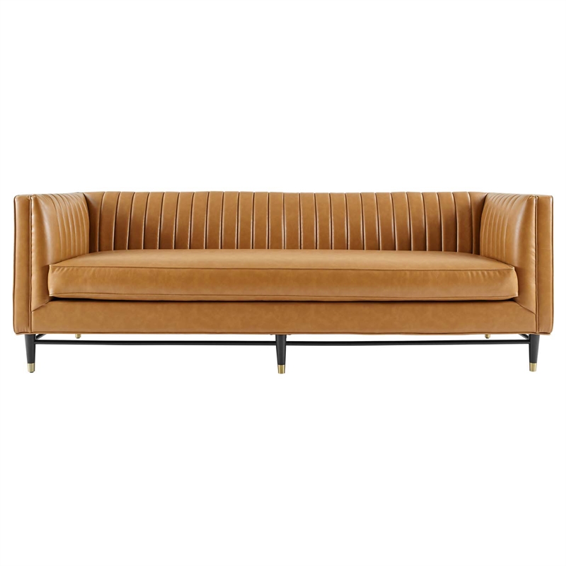 Modway Devote Modern Channel Tufted Faux Leather Sofa in Tan