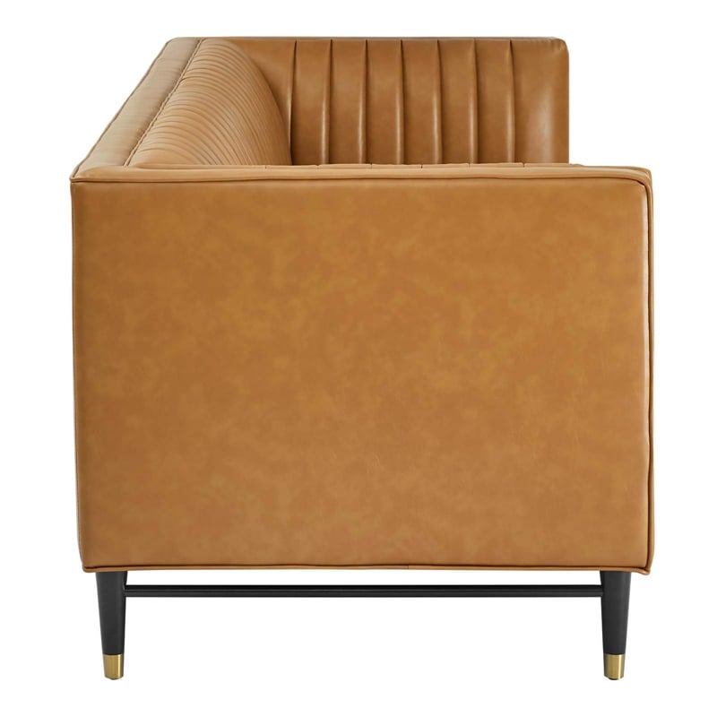 Modway Devote Modern Channel Tufted Faux Leather Sofa in Tan