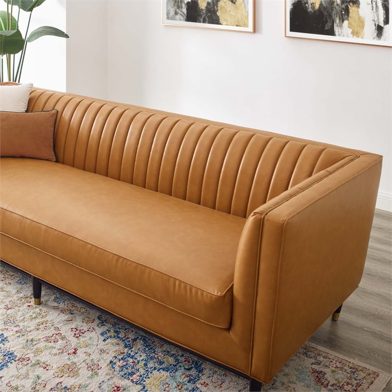 Modway Devote Modern Channel Tufted Faux Leather Sofa in Tan